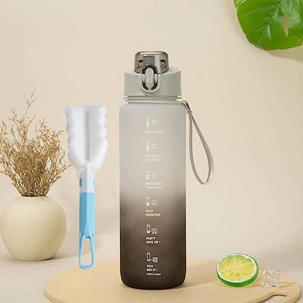 Lumeiy Sports Water Bottle,1000mL with Scale, Cup Brush, Large-capacity Direct Drinking Pot, Perfect for Outdoor Sports, Fitness, Camping and School-Grey