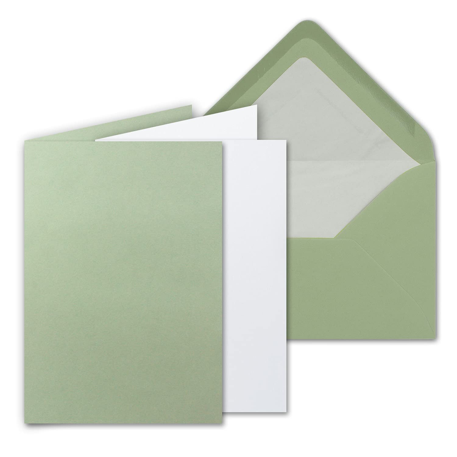 25 sets - large card package, eucalyptus (green), matt, with 25 folding cards, matching white inserts & 25 lined envelopes - DIN B6, 12 x 17 cm - 120 x 170 mm