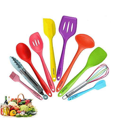 JISNKEI Silicone Kitchen Utensil Set,10 Cooking Utensils Set,Nonstick Non-Scratch Colorful Cookware Set,Kitchen Tools For Home Cooking,BBQ,Baking