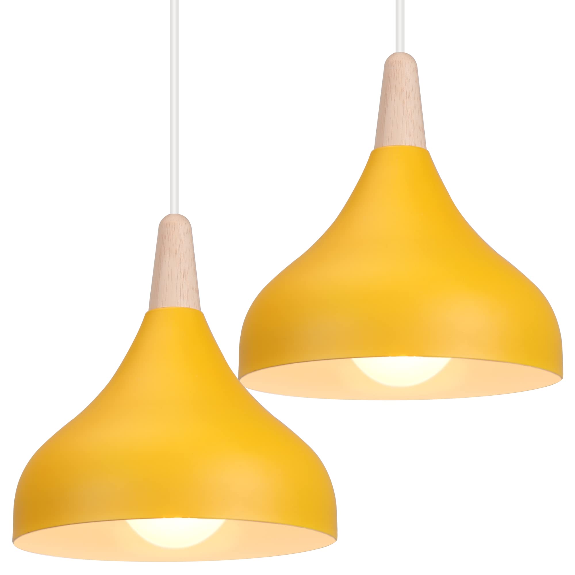 iDEGU Set of 2 Retro Pendant Ceiling Lights Modern Drop Style Hat Lampshade E27 Ceiling Light Retro Light Fixture in Metal Wood Pendant Lamp for Bedroom, Dining Room, Kitchen, Φ 20 cm (Yellow) — image 1