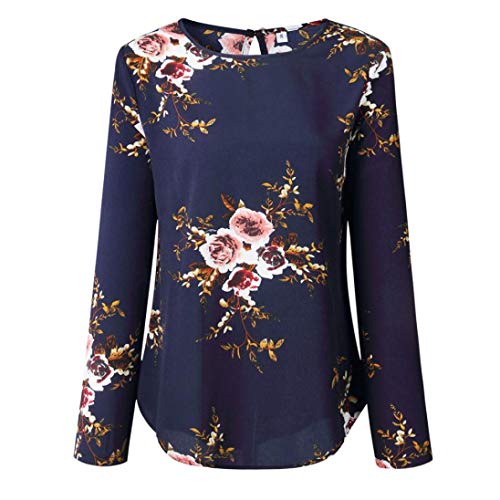 Dainzuy Ladies Sexy Casual Tops, Women's Floral Printing T-Shirt Short Sleeve Blouse (Navy 2, L) - Thumbnail 2
