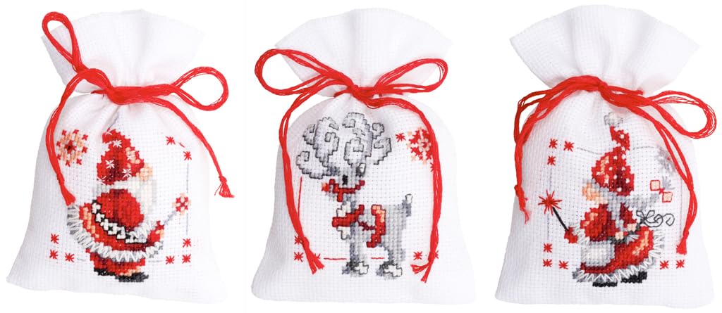 Vervaco Counted Cross Stitch Kit: Pot-Pourri Bag: Christmas Elves: Set of 3, Acrylic, NA, 8 x 12cm