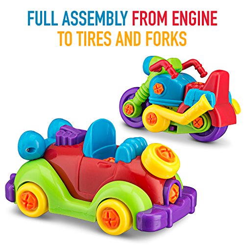Build your Own and Take Apart Racing Motorcycle & Car Combo Set, Kids Toys Multi Pack, With Sounds & Lights - Includes Mini Philips and Flathead Screws and Screwdriver by Toydaloo