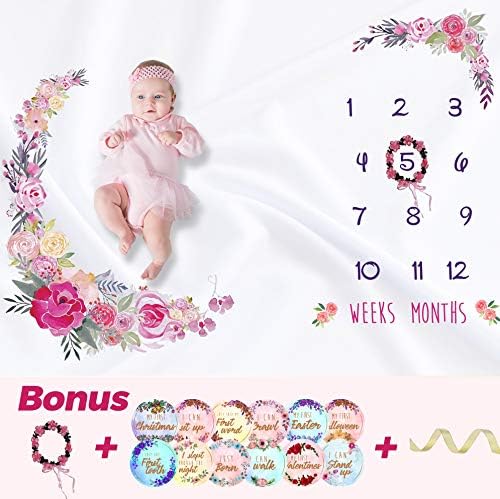 Baby Monthly Milestone Blanket Large 60"x40" with 12 metallic gold Stickers | Month to Month Age Blankets | Soft Photography Background Blanket | Newborn Girls or Boys Photo Prop | Best Baby Shower Gi