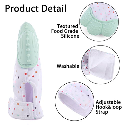 Teething Mitten, Petforu 2pcs Baby Self-soothing Teether Crawling Protective Gloves for Toddlers FDA Approved (Mint Green) - Thumbnail 2