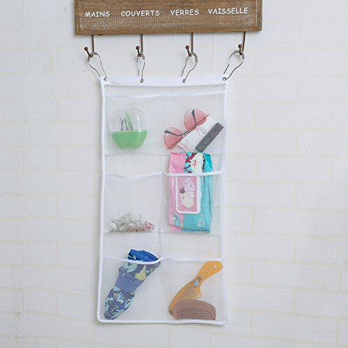 2 Pack Hanging Mesh Shower Caddy Organizer with 6 Pockets, Shower Curtain Rod/Liner Hooks Bathroom Wall Door Organization, Dorm Space Saving, Bathroom Accessories, Bath Toy Organizer Kids with 4 Rings - Thumbnail 2