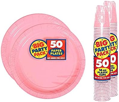 2 Pack of 50 Amscan Big Party Pack Pink 9 inches Paper Lunch Plates and 2 Pack of 50 Amscan Bright Pink 16 oz. Plastic Cups bundled by Maven Gifts