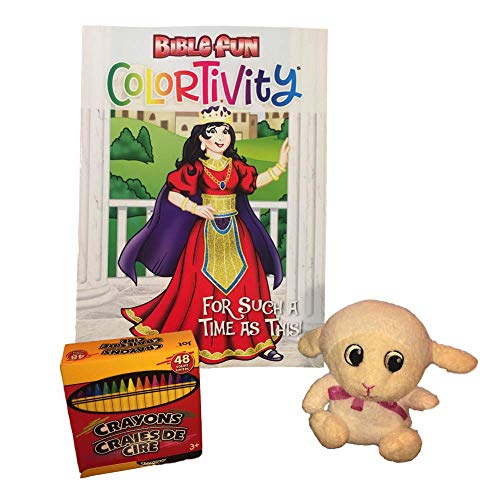 Plum Nellie's Treasures Religious Easter Kids Gift Set Plush Lamb & Bible Fun Coloring Book with 48 Crayons (for Such a Time as This!)