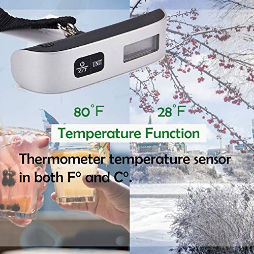 Digital Hanging Luggage Scale, 110 Pounds, Rubber Paint, with Temperature Sensor and Tare Function,Silver, Battery Included
