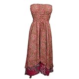 Womens Beach Dress Strapless Smocked Bodice Silk Sari Two Layer Flirty Maxi Skirt