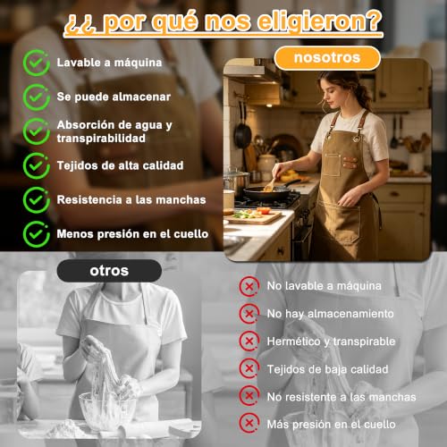 Delantales de cocina 2 piezas para mujer y hombre, mandiles ajustables con tirantes cruzados, 3 bolsillos, resistentes a salpicaduras, ideales para cocinar, barbacoa, hornear y jardinería, Café