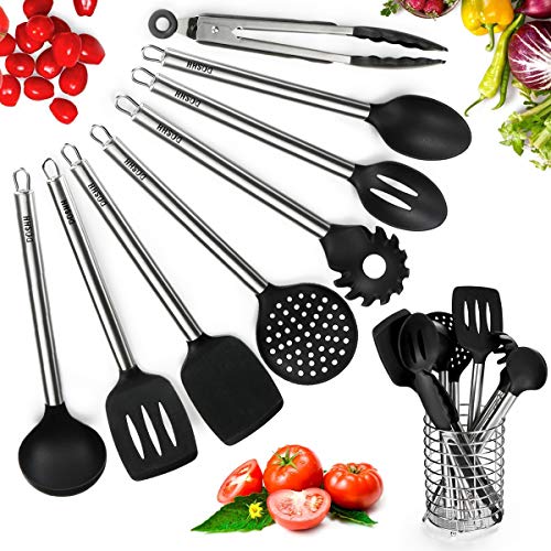 Kitchen Utensil Set 9 Cooking Utensil Set, Silicone & Stainless Steel Spatula Set & Utensil Holder, BPA Free, Non Toxic Turner Tongs Spatula Spoon Set, Great Kitchen Tools For Gift