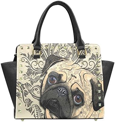 Cute Pug Rivet Pu Leather Handbag Tote Bag Shoulder Bag for Women Black