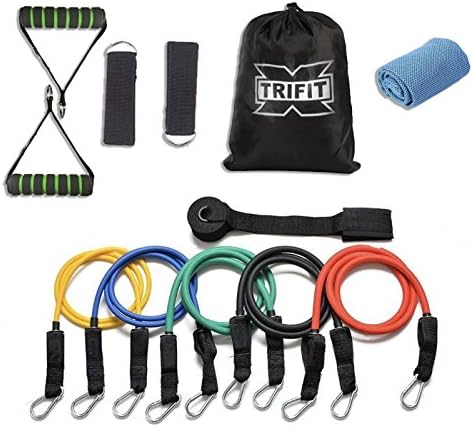 Resistance Band Set - 11 Pcs with Door Anchor, Handles, Ankle Straps - Stackable Up To 80lbs - For Resistance Training, Physical Therapy, Home Workouts - Gift Cooling Towel