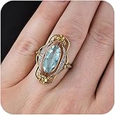 ZDIFDIC 14K Gold Plated Art Deco Flower Vintage Ring Oval Sea Blue Gemstone Statement Rings for Women 925 Silver Large Oval Cut Aquamarine Topaz Crystal Band Wife Birthday Anniversary Wedding Jewelry