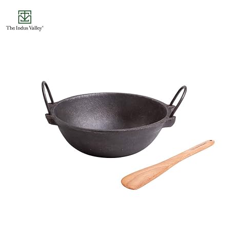 The Indus Valley Cast Iron Cookware - 8 Inch Kadai [ Pre Seasoned / 1.2 L/Small ] Perfect for 2 Member Family with Free Ladle/Black