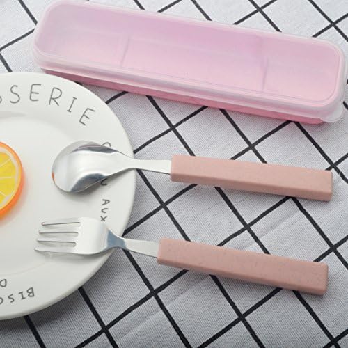 18/10 Stainless Steel Child Tableware Set Silver Cutlery Set Silverware Dinner Utensils Spoon Fork Set with Travel Case for Kids Toddlers (Pink)