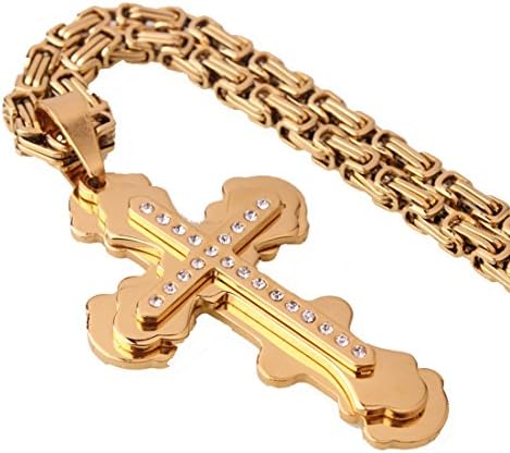 5mm Stainless Steel Gold Crystal Cross Pendant Men's Necklace Byzantine Chain 18-34" (Chain Length 18inch)