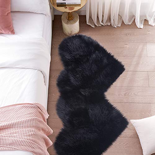 Black Fur Rug Fluffy Rug, Thick Faux Rabbit Fur Rugs for Bedroom, Non