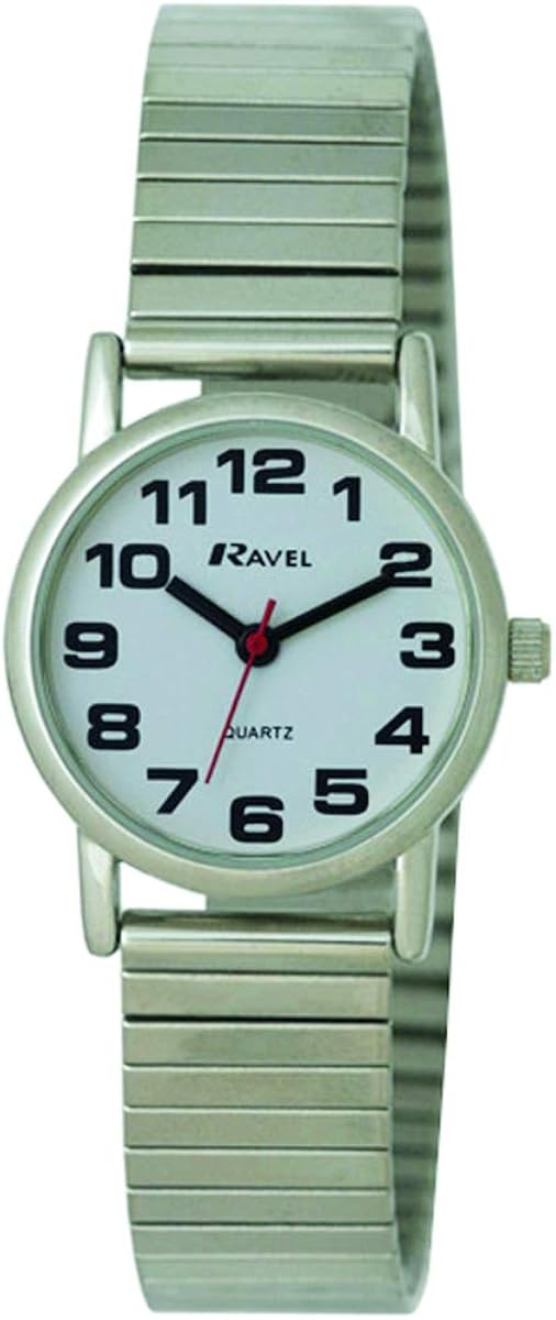 Ravel Women's Easy Read Watch with Big Numbers on Stainless Steel Expander Bracelet - Silver Tone/White Dial