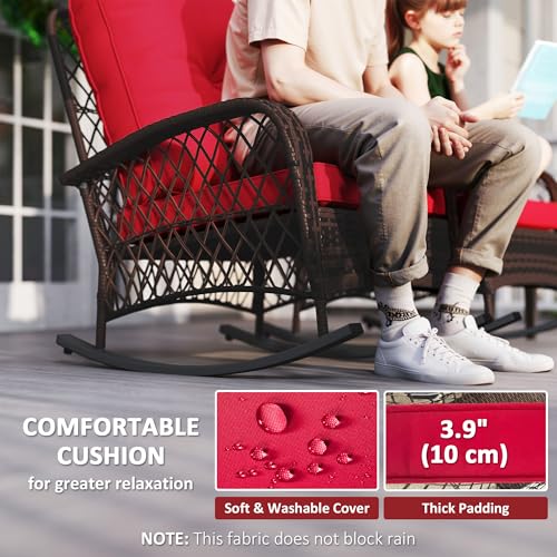 Outsunny Rattan Rocking Chair Set of 2, Outdoor Wicker Patio Rocker Chair Furniture with Thick Cushions, for Garden Backyard Porch, Red