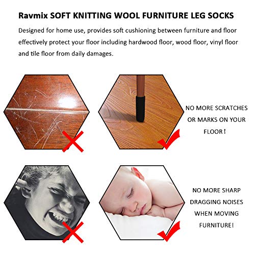 Furniture Socks, Ravmix 24PCS Knitted Elastic Non-Slip Strips Furniture Feet Covers Set Chair Leg Socks Floor Protectors, Fit Square & Round Feet Girth from 2.7'' to 7'', Black - Thumbnail 5