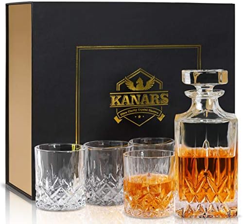 KANARS 5-Piece Noblesse Crystal Whiskey Decanter Set. Premium Liquor Decanter with 4 Old Fashioned Glasses for Scotch or Bourbon in Luxury Gift Box. Dishwasher Safe