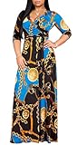 Womens Sexy V Neck Stylish Floral Printed Long Maxi Dresses Casual Loose Prom Party Dress Plus Size (FBA)