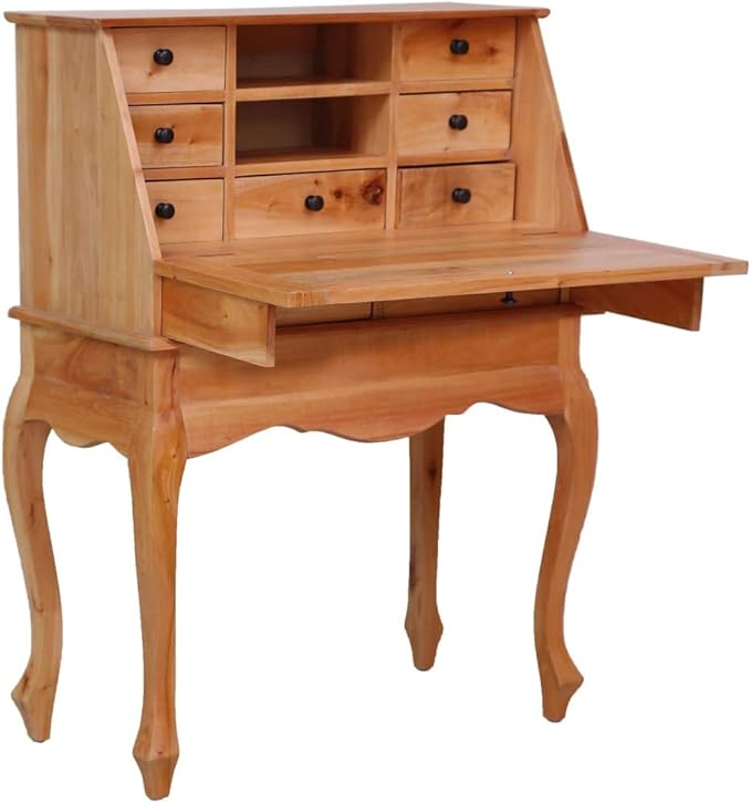 vidaXL Solid Mahogany Wood Secretary Desk with 9 Drawers 2 Open