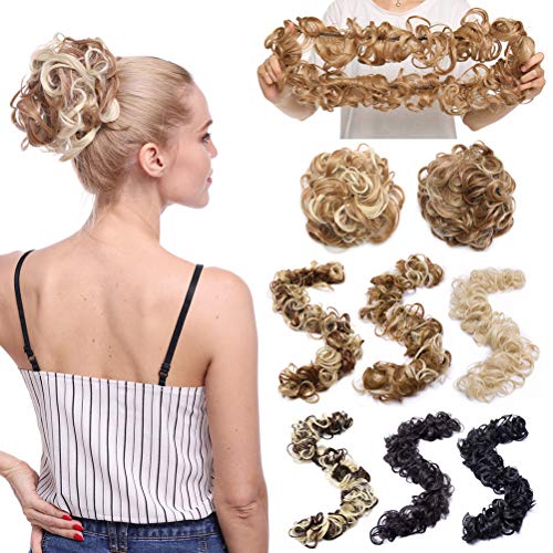 Combs Clip in Bun Claw Jaw on Updo Hairpiece Extensions Wavy Donut Chignons Wrap Around Scrunchy-dark brown to ash blonde-32″