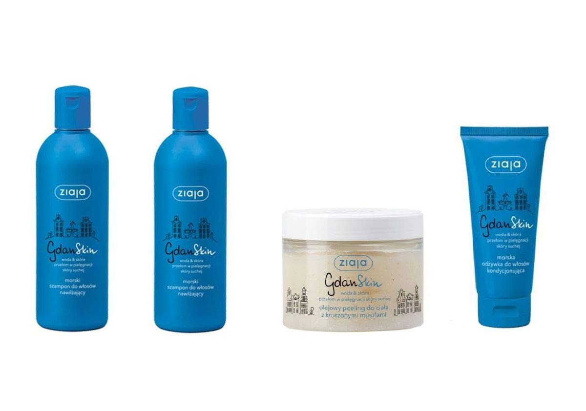 Ziaja GDANSKIN Sea Moisturising Hair Shampoo 300 ml x 2, Marine Hair Conditioner 100 ml, Oil Body Scrub with Shells 300 ml (Body/Hair Set)