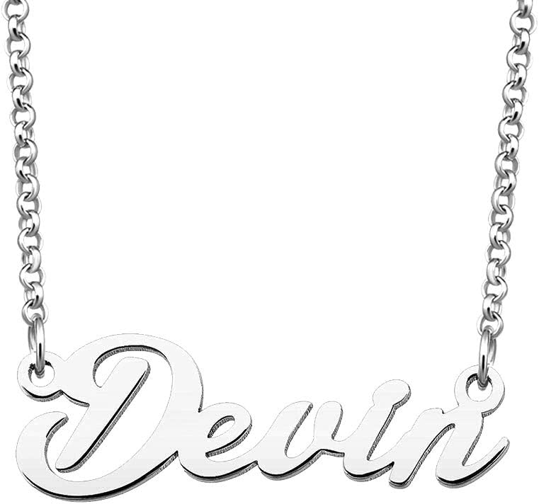 LoEnMe Jewelry Devin Name Necklace Custom Personalized in Silver Plate Gift for Women Girls Couple