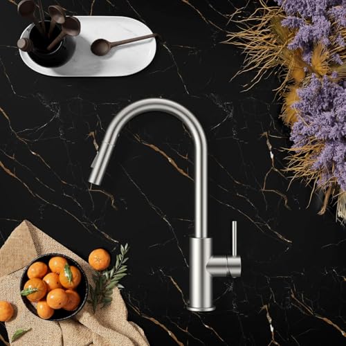 Torneira de Cozinha com Pulverizador Retrátil, Torneira de Pia de Cozinha de Alavanca Única em Níquel Escovado com Arco Alto, Aço inoxidável, Rotação de 360°, Torneiras para Pias de Cozinha