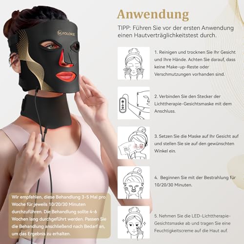 FOLOKE LED Face Mask - LED Light Therapy Mask for Face Care, 7-Colour Light Waves, Red Light Mask for Face and Neck, Red - 5 Brightness Levels, Red Light Mask for Home