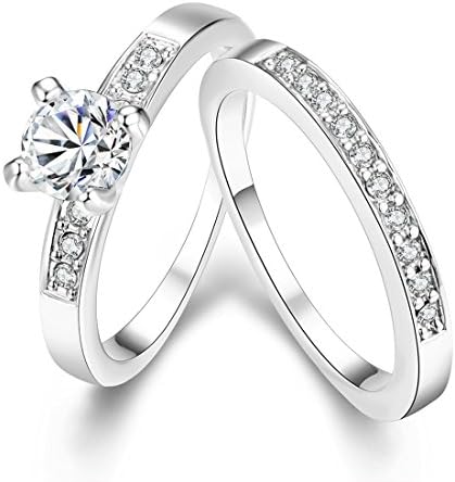 TIVANI [Eternity Love] Women's Pretty 18K White Gold Plated Solitaire CZ Crystal Engagement Rings Set Best Promise Rings for Her Anniversary Wedding Bands Collection Jewelry Rings