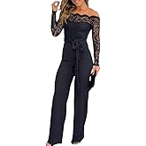 CHICME Womens Dressy Jumpsuits Casual One Piece Outfits Off Shoulder Lace Trim Overalls Straight Leg Pants