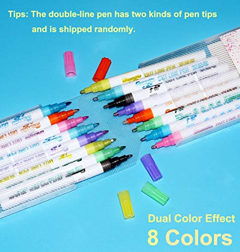 8 Colors/Set Double Line Pen Fluorescent Glitter Marker Pen Outline Pen Stationery for Card Making, Birthday Greeting, Scrap Booking, Painting, DIY Art Crafts