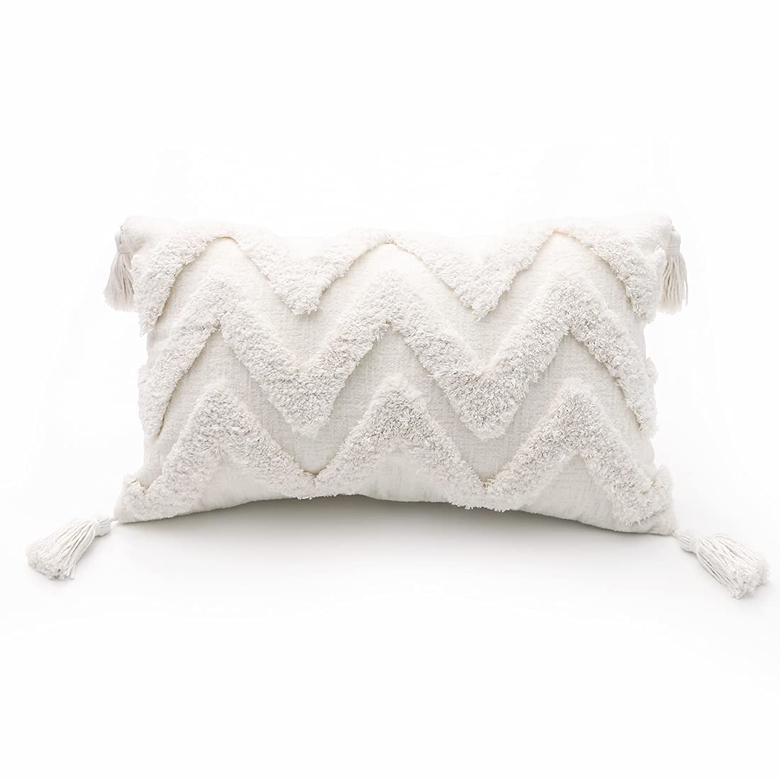 Photo 1 of PLWORLD Boho White Lumbar Throw Pillow Cover 12x20 Inch with Tassels, Striped Tufted Cream Chenille Fabric Small Accent Textured Cushion Case for Bed Couch, 1 PC Cover Only No Insert