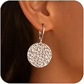 ALEXCRAFT 925 Sterling Silver Dangle Earrings for Women, 14K Gold Plated Geometric Flat Round Disc Hammered Coin Drop Earring Hypoallergenic Lightweight Leverback Earrings for Women Trendy Jewelry