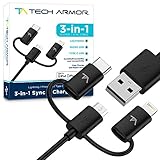 Tech Armor 3-in-1 (Type C/Lightning/Micro) USB Charging Cable - Sync/Charge Apple and Android - 3 Foot Black - mFi Certified