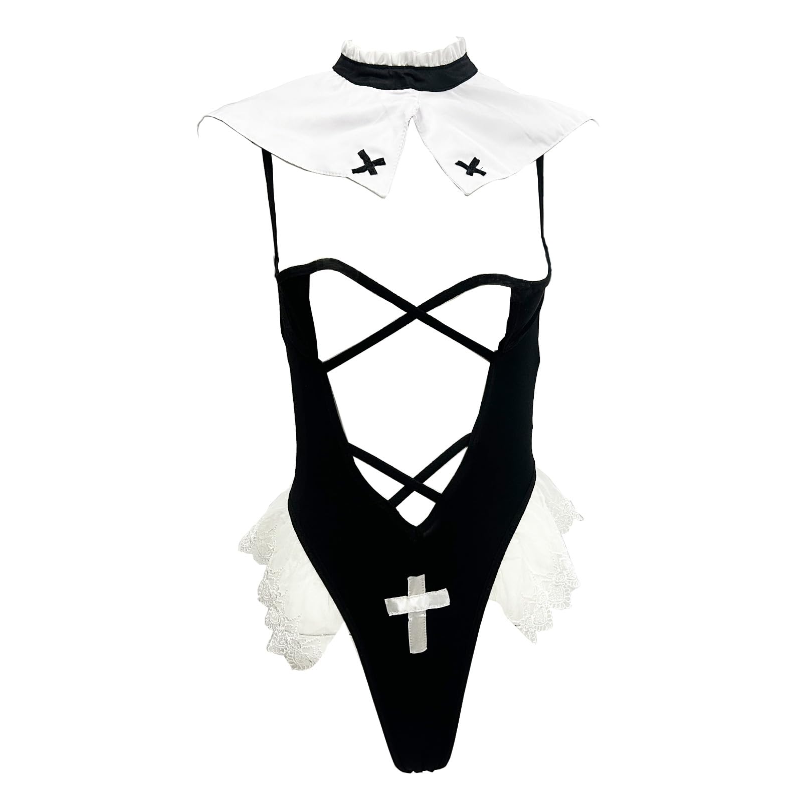Photo 1 of ZUYPSK Womens Lingerie Set Nun Costumes Halloween Role Play Fancy Dress up Deep V Front High Cut Thong Leotard Bodysuit