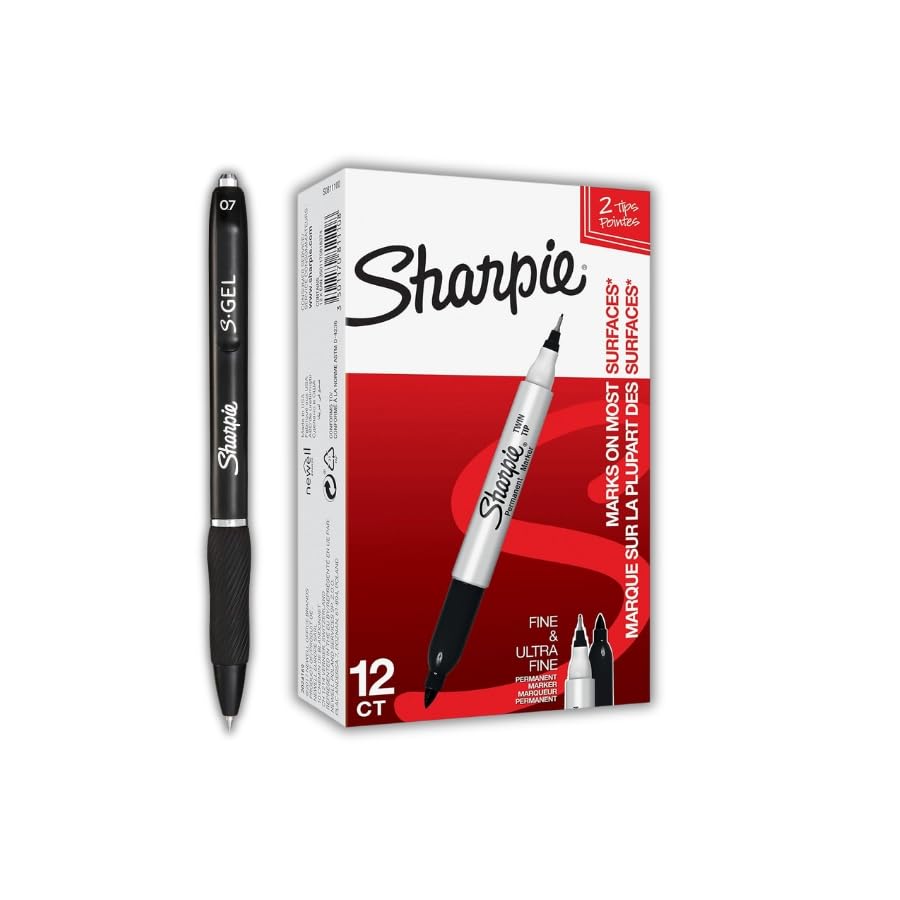 Sharpie Permanent Markers Twin Tip, Fine and Ultra Fine Points, Black, Pack of 12 plus 1 Bonus S-Gel Black Ink Pen, Medium Point (0.7mm) - No Smear, No Bleed Technology