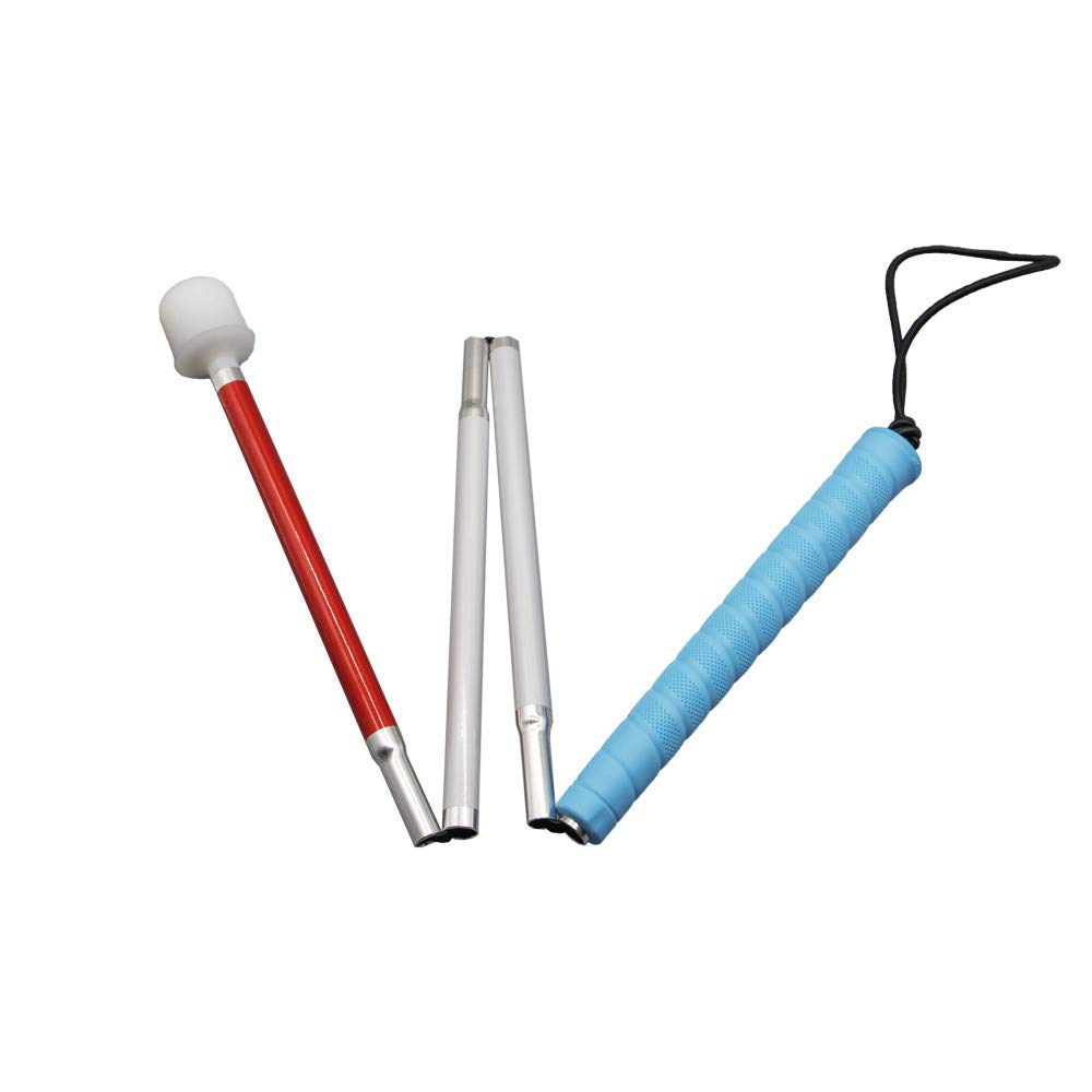 Folding White Cane, Aluminum Mobility Cane for Vision Impaired and Blind People (Folds Down 4 Sections) (80 cm (31.5 inch), Blue Handle)