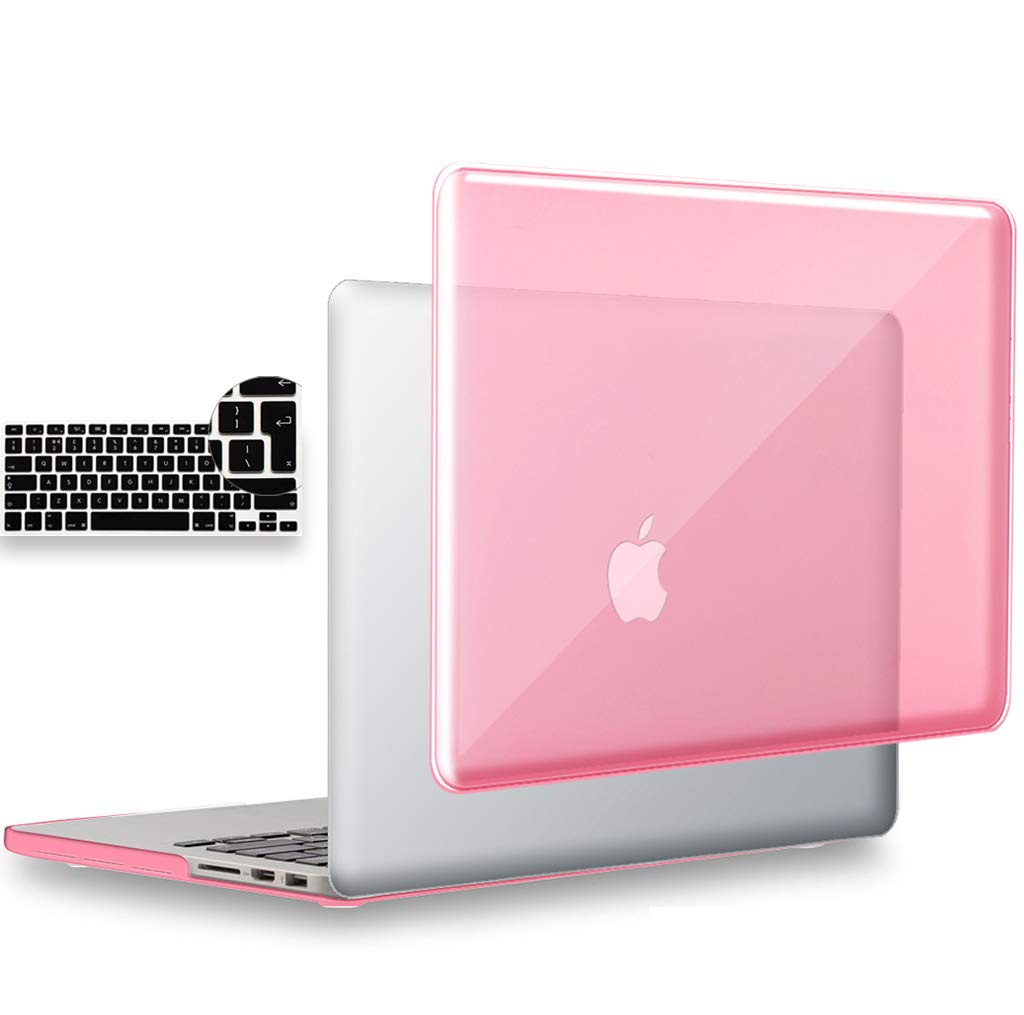 UESWILL 2in1 Glossy Crystal Clear Hard Shell Case with EU/UK Version Silicone Keyboard Cover Compatible with MacBook Pro 15 inch with Retina Display (Model: A1398) + Microfibre Cleaning Cloth, Pink