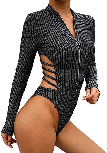 Thenxin Womens Slim Sport Bodysuit Zipper Up Long Sleeve Bandage Back Leotard Jumpsuit Romper