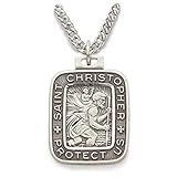 Sterling Silver Saint Christopher Rectangle Medal with Engraved Border, 3/4 Inch