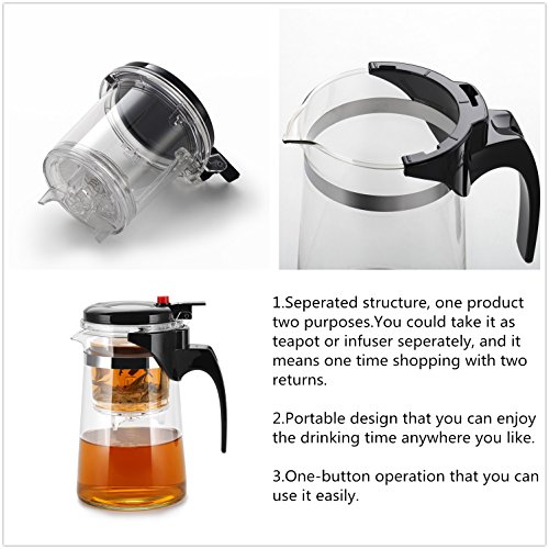 KLS Loose Leaf Tea Maker With Glass Teapot, Patented Simple Structure Built in Infuser and Convenient Cleaning Filter, Portable Tea Pot With Strainer, Loose Leaf Teapot With Tumbler Infuser - 750ML