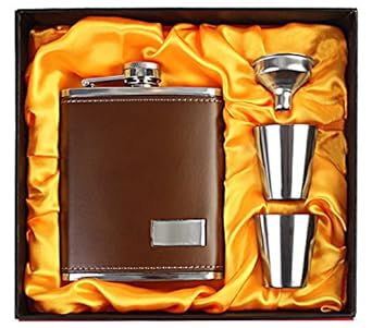 7Trees 7 Oz / 207 ml Stainless Steel Faux Leather Brown Hip Flask + 2 Shot Glasses + Funnel