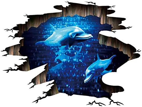 CNUSER 3D Floor Wall Stickers, Blue Sea Dolphins Peel and Stick Decals,Ocean Wonders Removable Wall Art Mural Decoration