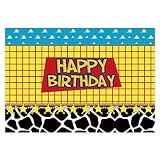 Funnytree 7x5ft Happy Birthday Party Backdrop Kids Cartoon Themed Baby Boy Photography Background Western Cowboy Cowgirl Sky Clouds Cow Print Photo Booth Decorations Cake Table Banner